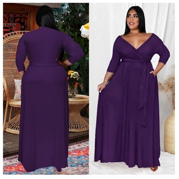Women Plus Size maxi Dress 3/4 Sleeve V Neck Printing Purple tie belt 4XL - Picture 1 of 7